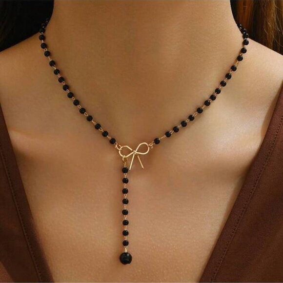 Black Beaded Bow Pendant Necklace | 15.35" + 1.97" Adjustable Length - Picture 1 of 4